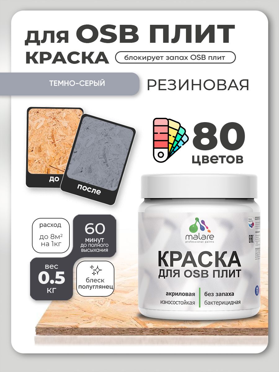 Резиновая краска для ОСБ плит Malare акриловая краска для дерева для наружных и внутренних работ, быстросохнущая без запаха полуглянцевая, темно-серый, 0.5 кг