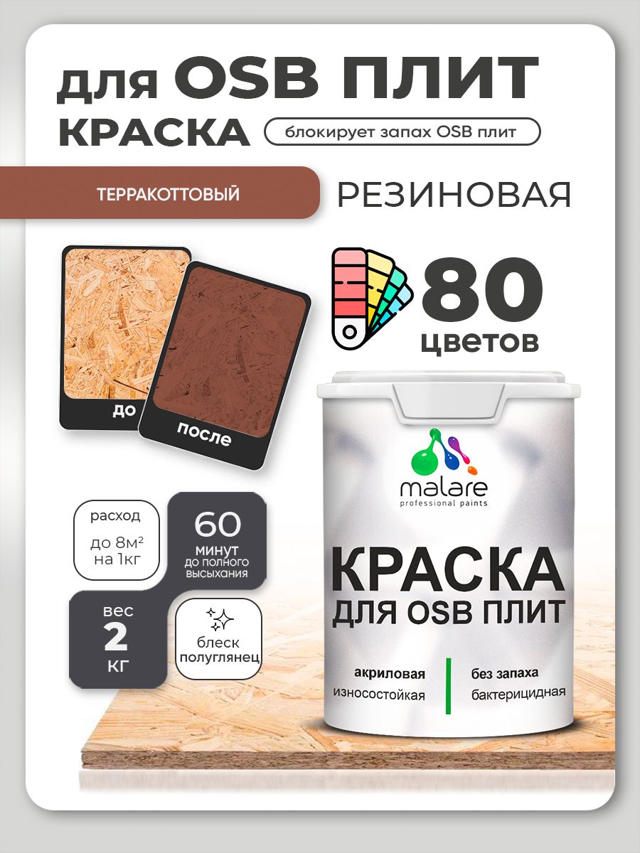 Резиновая краска для ОСБ плит Malare акриловая краска для дерева для наружных и внутренних работ, быстросохнущая без запаха полуглянцевая, терракотовый, 2 кг
