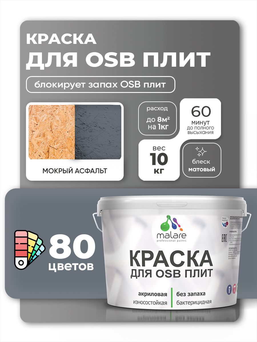 Акриловая краска для ОСБ плит Malare для дерева для наружных и внутренних работ, быстросохнущая без запаха матовая, мокрый асфальт, 10 кг