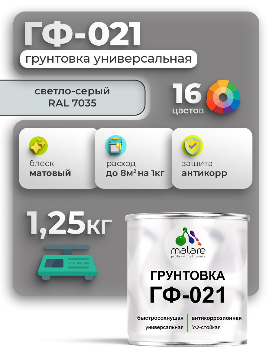 Грунтовка Malare ГФ-021 для металла по дереву, для минеральных поверхностей для внутренних и наружных работ, антикоррозионная быстросохнущая RAL 7035, светло-серый, матовая, 1,25 кг.