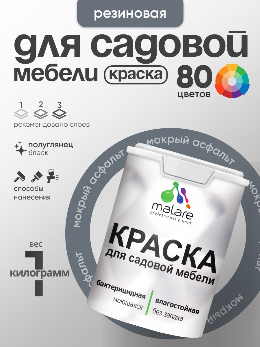 Резиновая краска Malare для садовой мебели/ по дереву, для наружных и внутренних работ/ быстросохнущая моющаяся без запаха полуглянцевая, мокрый асфальт, 1 кг