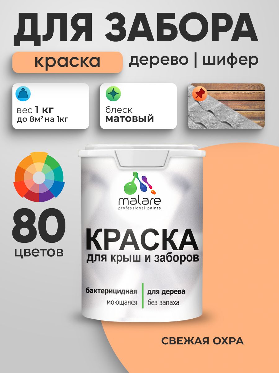 Резиновая краска Malare для деревянного забора/ по дереву для наружных и внутренних работ/ быстросохнущая моющаяся без запаха полуглянцевая, свежая охра, 1 кг.