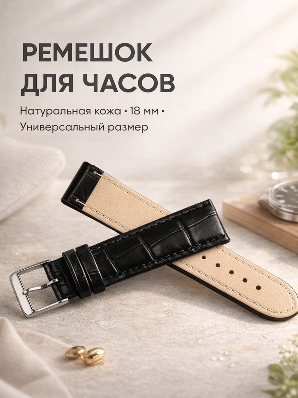 Ремешок для часов кожаный 18 мм, черный