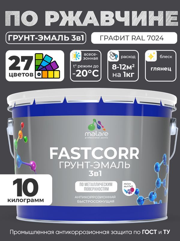 Грунт-эмаль по ржавчине 3 в 1 Malare FastCorr краска для металла, антикоррозионная износостойкая быстросохнущая RAL 7024, графитово-серый(темный), глянцевая, 10 кг.