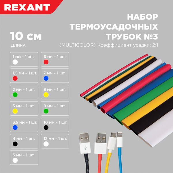 Термоусадка для проводов набор термоусадочных трубок REXANT 1,5-12 мм ...