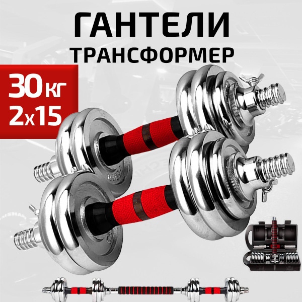 Гантели OneFit стальные в кейсе, 2 шт. по 15 кг, красный, серый ...