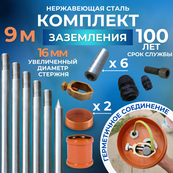 Комплект заземления для дома из нержавеющей стали 9м диаметром 16мм ...