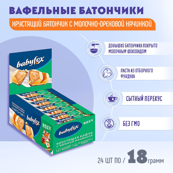 Батончики BabyFox вафельные Roxy Молоко/фундучная паста 24 шт по 18 ...