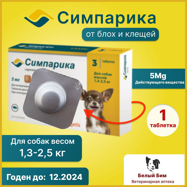 Симпарика от блох и клещей для собак 1,3 - 2,5 кг, жевательная таблетка ...