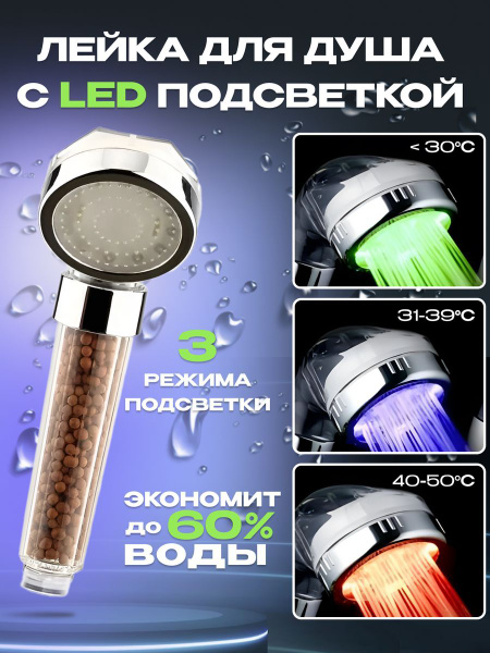Лейка для душа с подсветкой с фильтром для воды и с датчиком ...