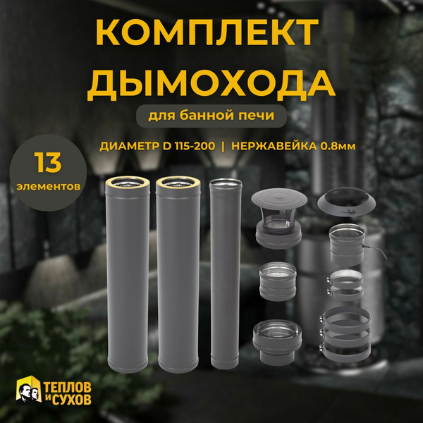 Комплект дымохода Black 115 сэндвич для бани дома из нержавейки 0.8мм ...