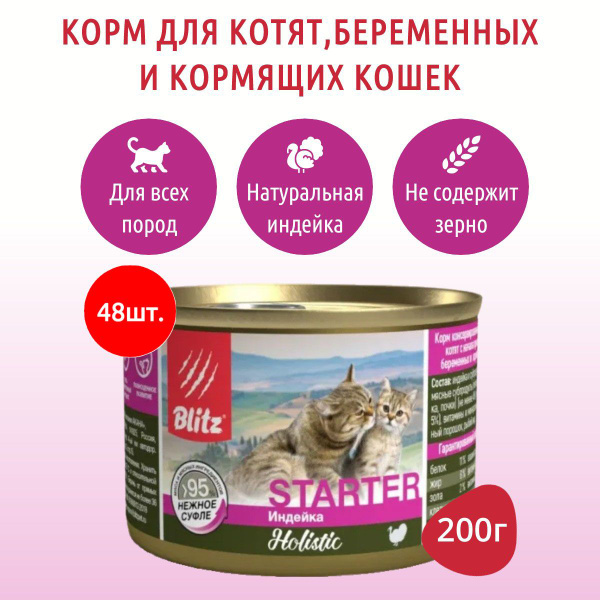 Влажный корм Blitz Starter Holistic 9600 г (48 упаковок по 200 грамм ...