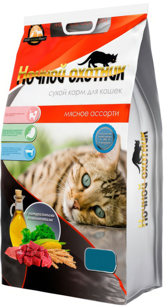 Корм Ночной охотник Премиум-класса для кошек, мясное ассорти, 10 кг ...