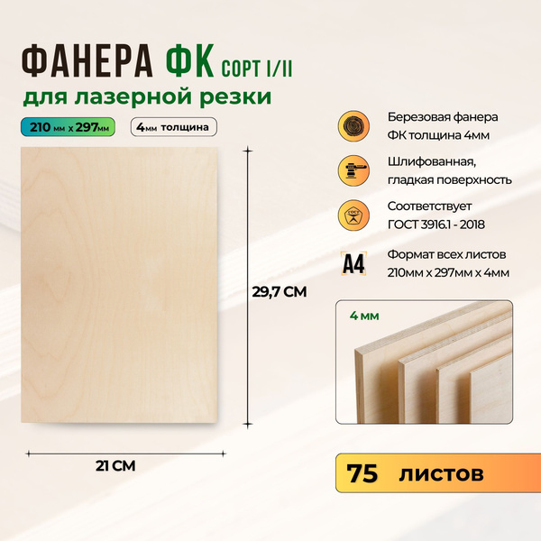 Фанера ФК 4мм сорт 1/2 шлифованная А4 297х210 75 листов купить на OZON ...