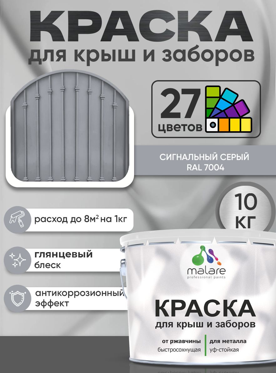 Краска по металлу Malare для крыш и заборов по ржавчине, для наружных работ, быстросохнущая износостойкая RAL 7004 сигнальный серый, глянцевая, 10 кг