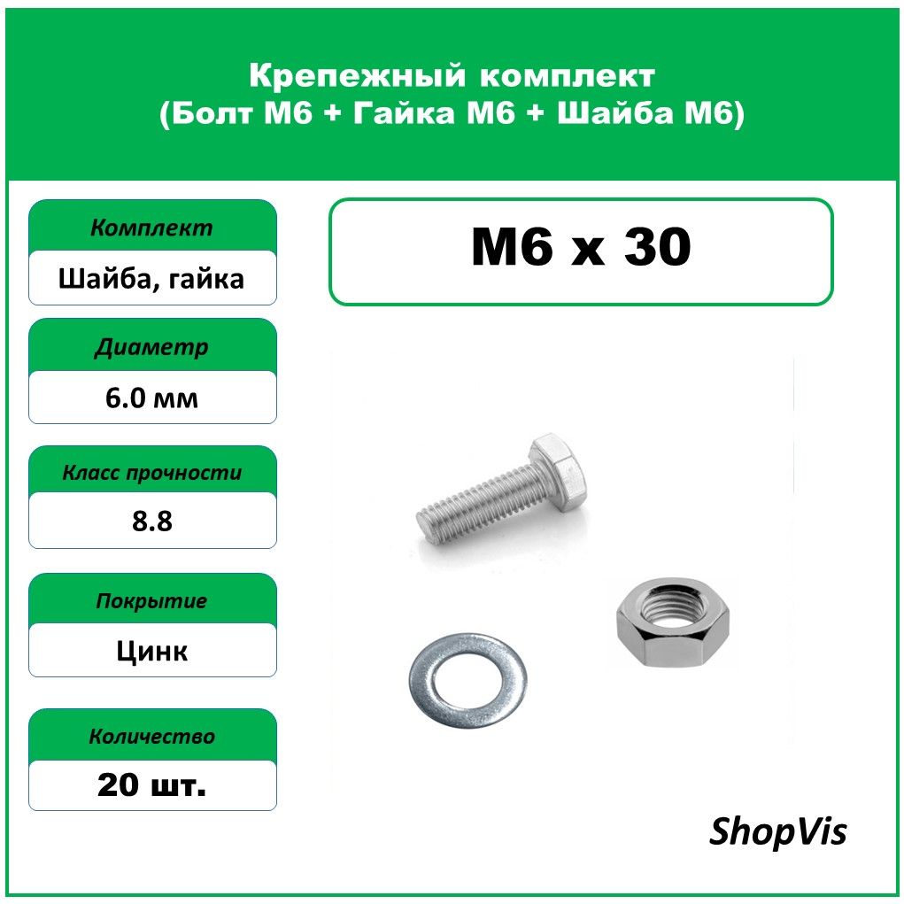 Крепежный комплект М6х30 (Болт М6х30, шайба М6, гайка М6 шестигранная) 20 шт./уп.