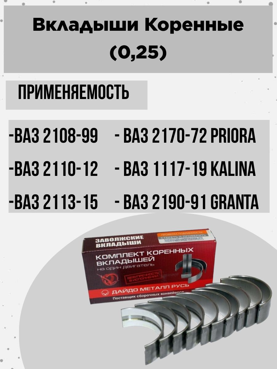 Вкладыши КОРЕННЫЕ (0,25) ВАЗ 2108, ВАЗ 2108-99, 2110-12, 2113-15, Priora,  Kalina, Granta. - Дайдо Металл Русь арт. 2108100010211 - купить по выгодной  цене в интернет-магазине OZON (1385683509)