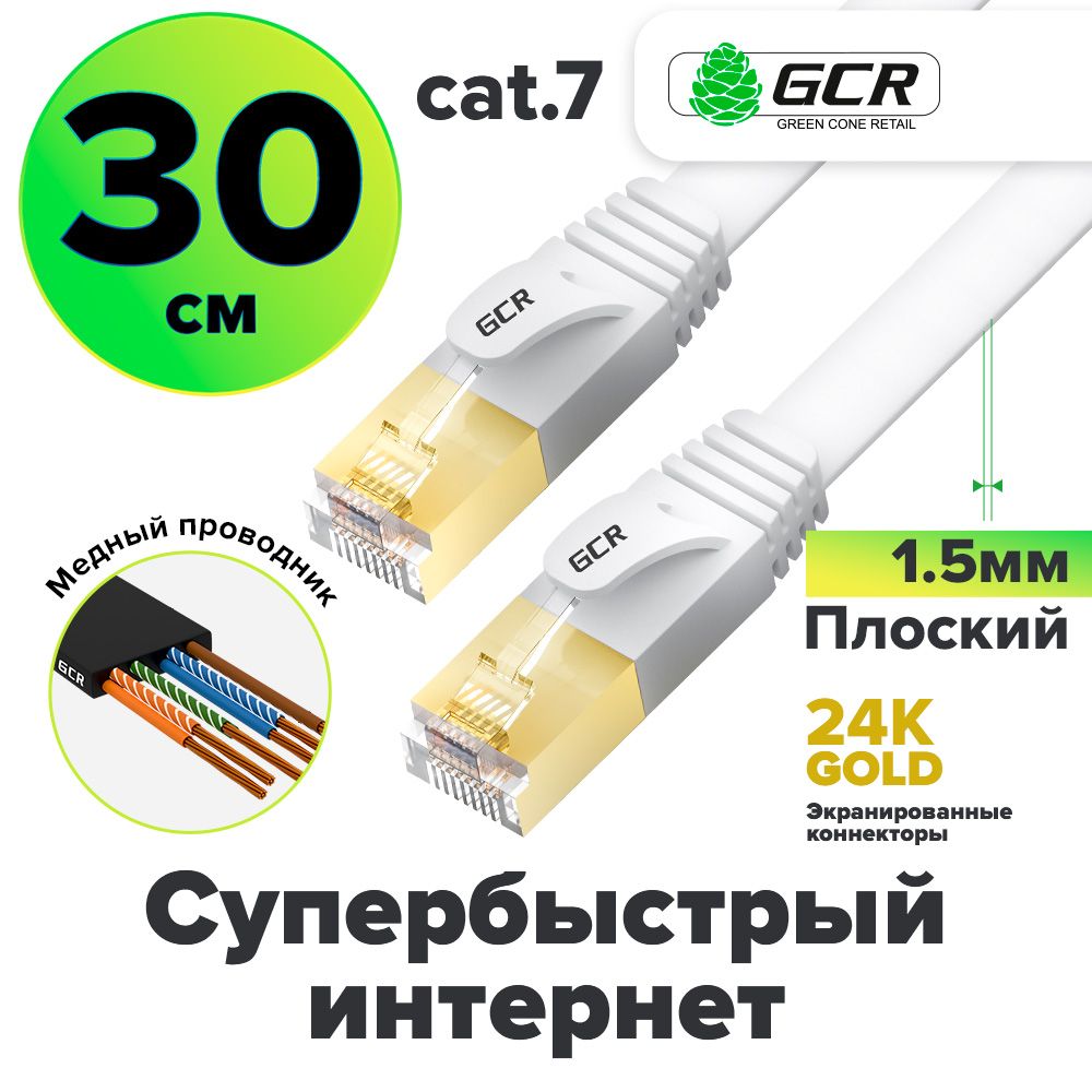 Патч-кордкороткийплоский30смGCRcat.7FTP10Гбит/сRJ45LANпрофессиональныйкомпьютерныйкабельдляинтернетамедныйэкранированныеконнекторы24KGOLDбелый