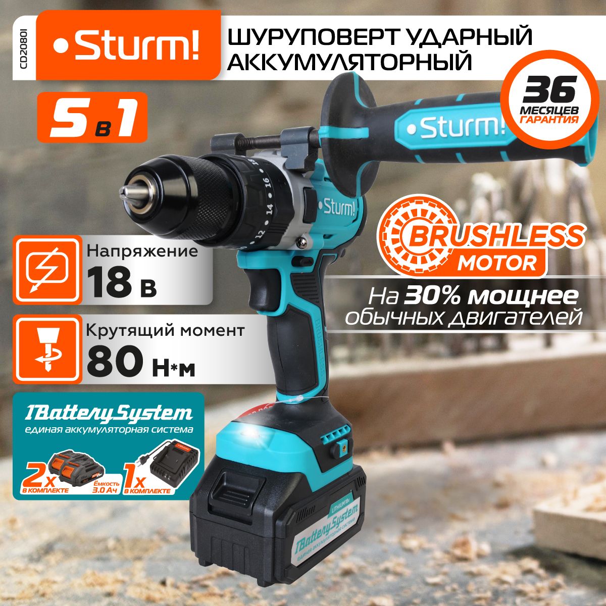 CD2080IДрельаккумб/щудар.Sturm!,18В,1BatterySystem,80Нм,2х3.0Ач,5в1,доп.рук