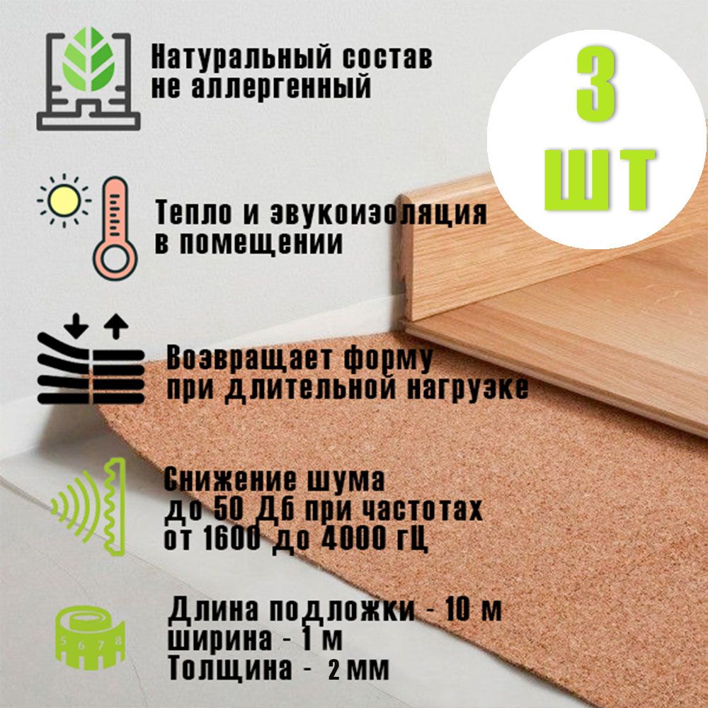 Подложка 2 мм - 3 шт, IBERCORK, пробковая, Португалия, под ламинат и паркет, рулон 10 кв.м