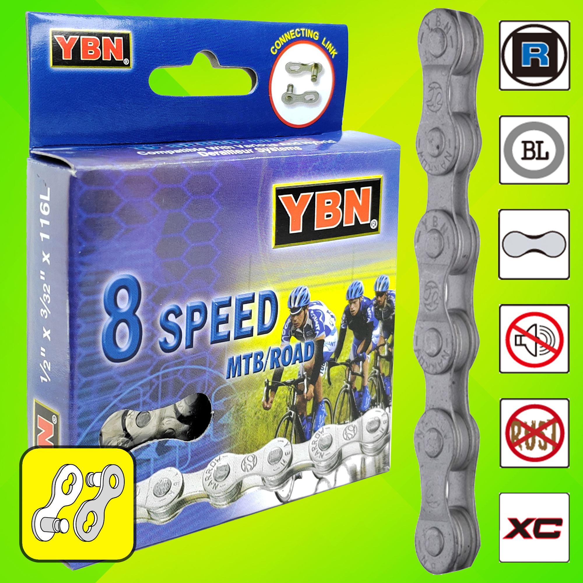 YBN Цепь для велосипеда S8-RB, 1/2"x3/32", 116 звеньев, 8 скоростей, замок цепи — Каталог Ozon