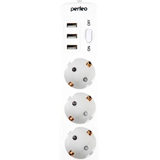 СетевойфильтрPerfeo"POWERSTREAM",2500W,двойнаязащита,2м,3розетки,3USB,белый.