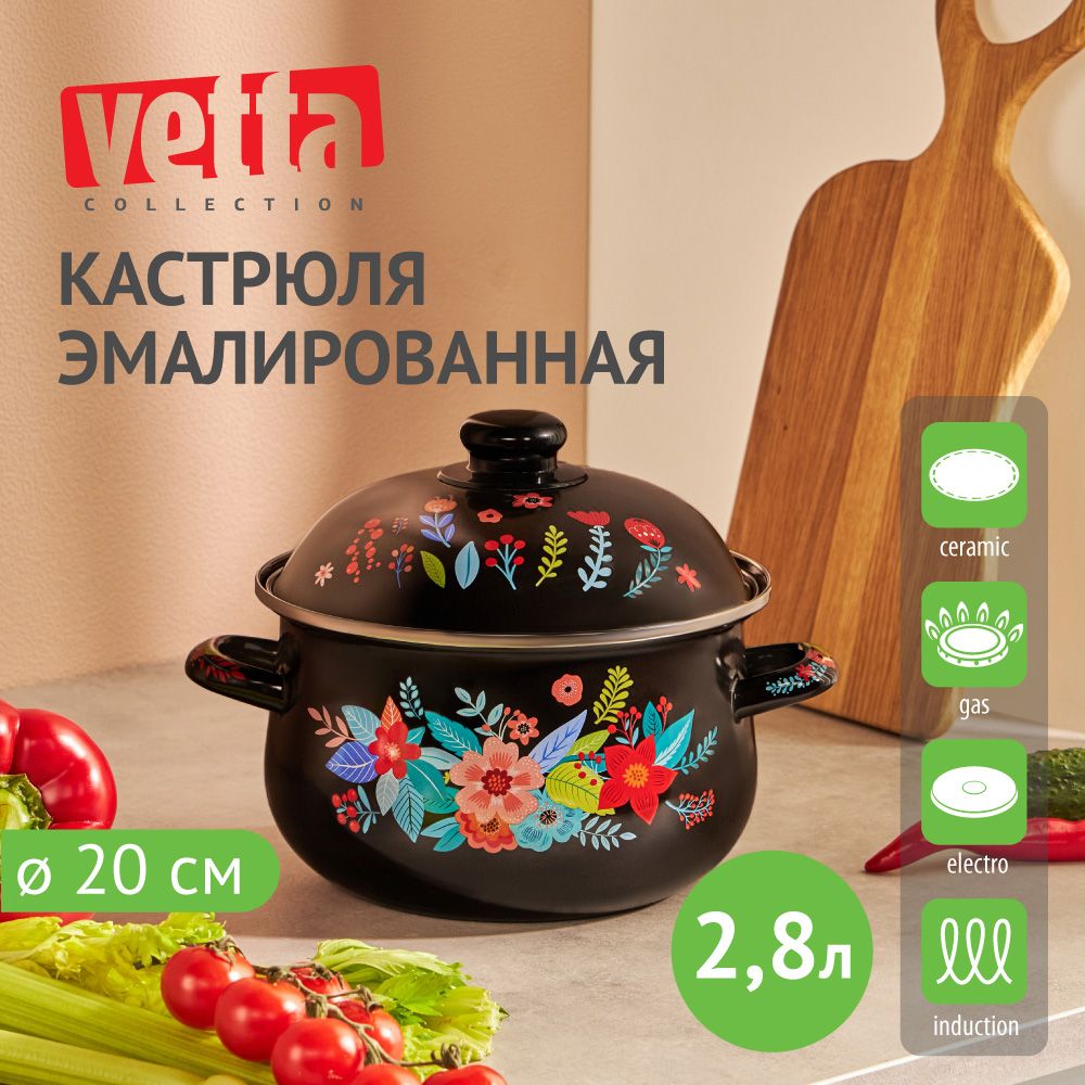 КастрюляэмалированнаяVETTAКолор,2,8л,диаметр20см,крышкавкомплекте,индукция