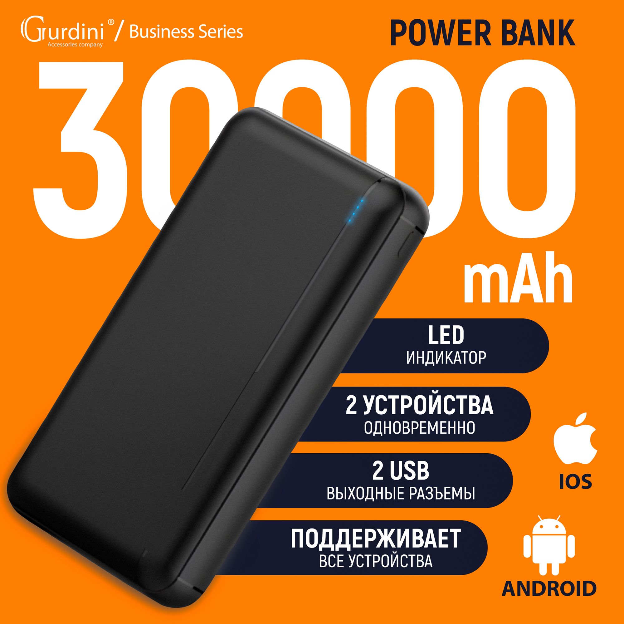 Внешнийаккумулятор30000mAhGurdiniBusinessSeries2USB,черный,(PowerBank/ПоверБанк)