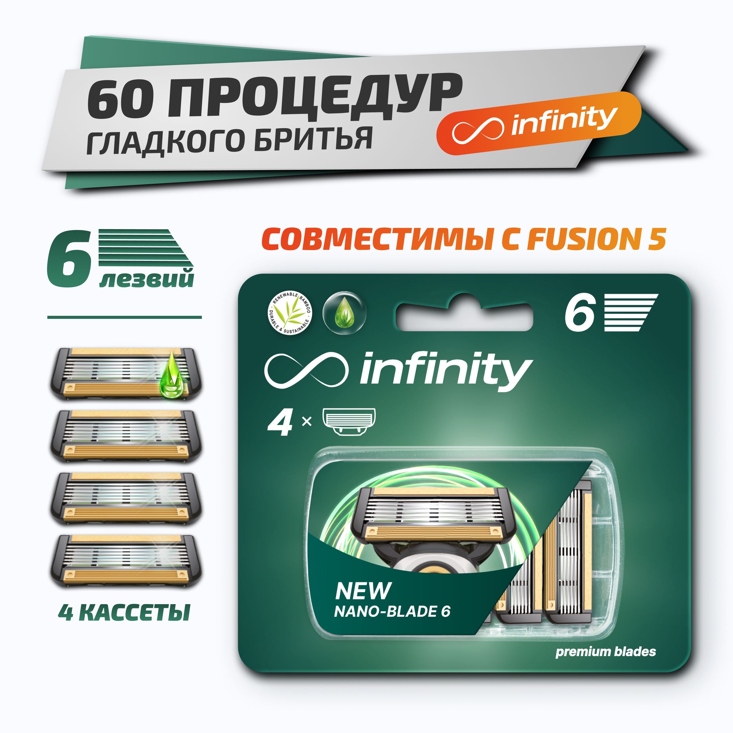 СменныекассетыдлябритьямужскиеINFINITYNanoBlade6,4шт.с6лезвиями