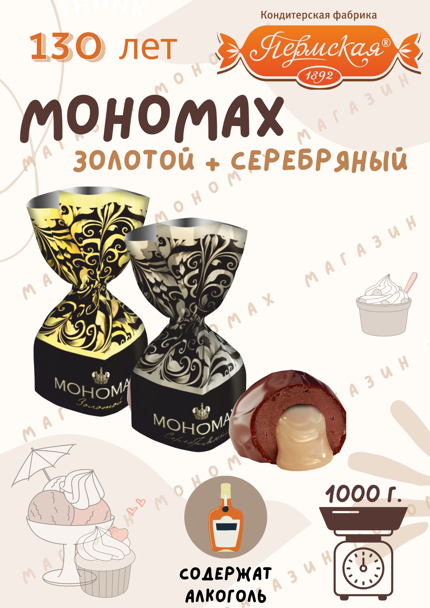 Конфетышоколадные"МОНОМАХМикс(Золотой,Серебряный)"1000г.,весовые,ПермскаяФабрика