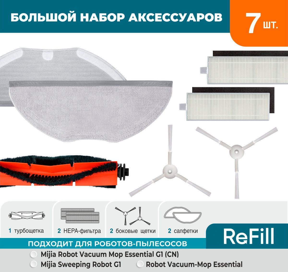 Набор аксессуаров Refill для роботов-пылесосов Xiaomi Mijia Sweeping Robot  G1, Mi Robot Vacuum - Mop Essential, Viomi V3 Max (2 HEPA-фильтра, 2  боковых щетки, 2 мопа, 1 основная щетка) - купить с