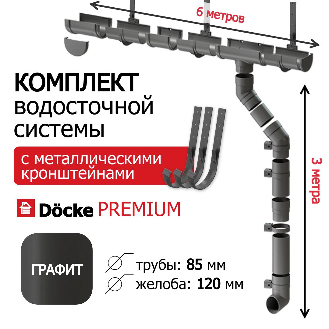 Водосточная система для крыши, Docke, 6м/3м, серия Premium, цвет графит, водосток для крыши дома ПВХ, RAL 7024, с металлическими кронштейнами