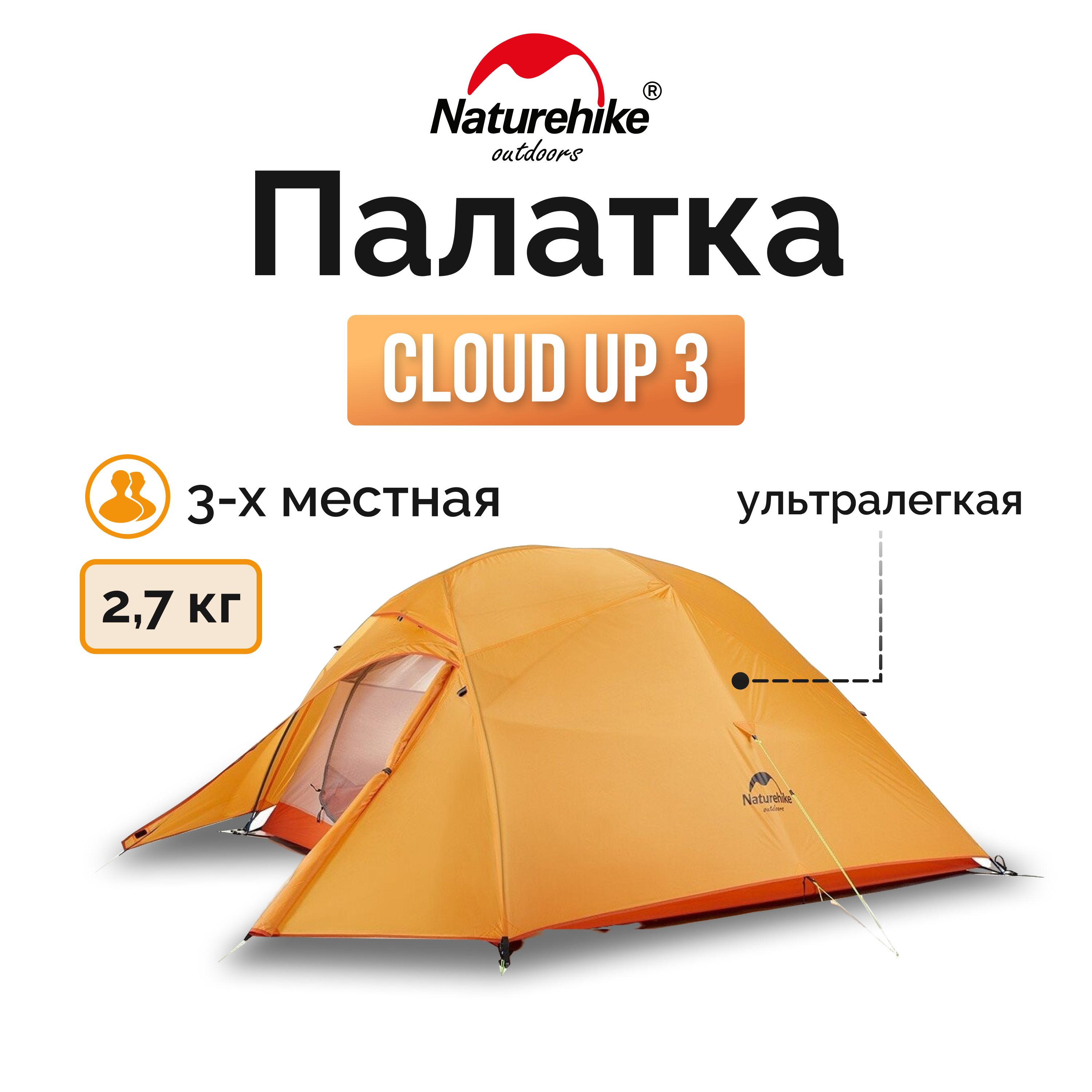 ПалаткаNaturehikeCloudUp3210TNH18T030-Tтрехместнаясверхлегкаясковрикоам,помаранчевий,6927595730638