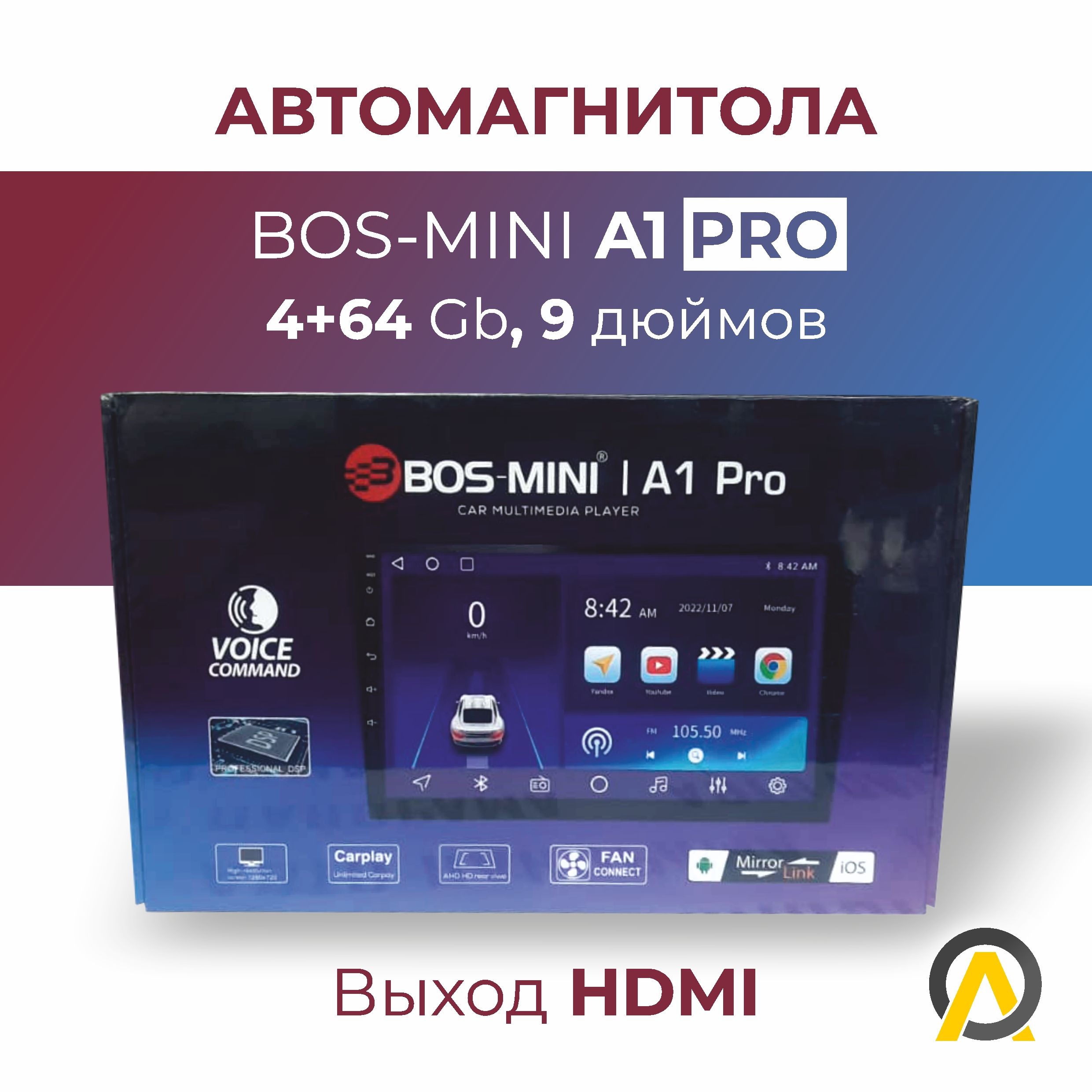 Автомагнитола BOS-MINI A1 PRO, Android 12 (4+64 Gb, 9 дюймов)