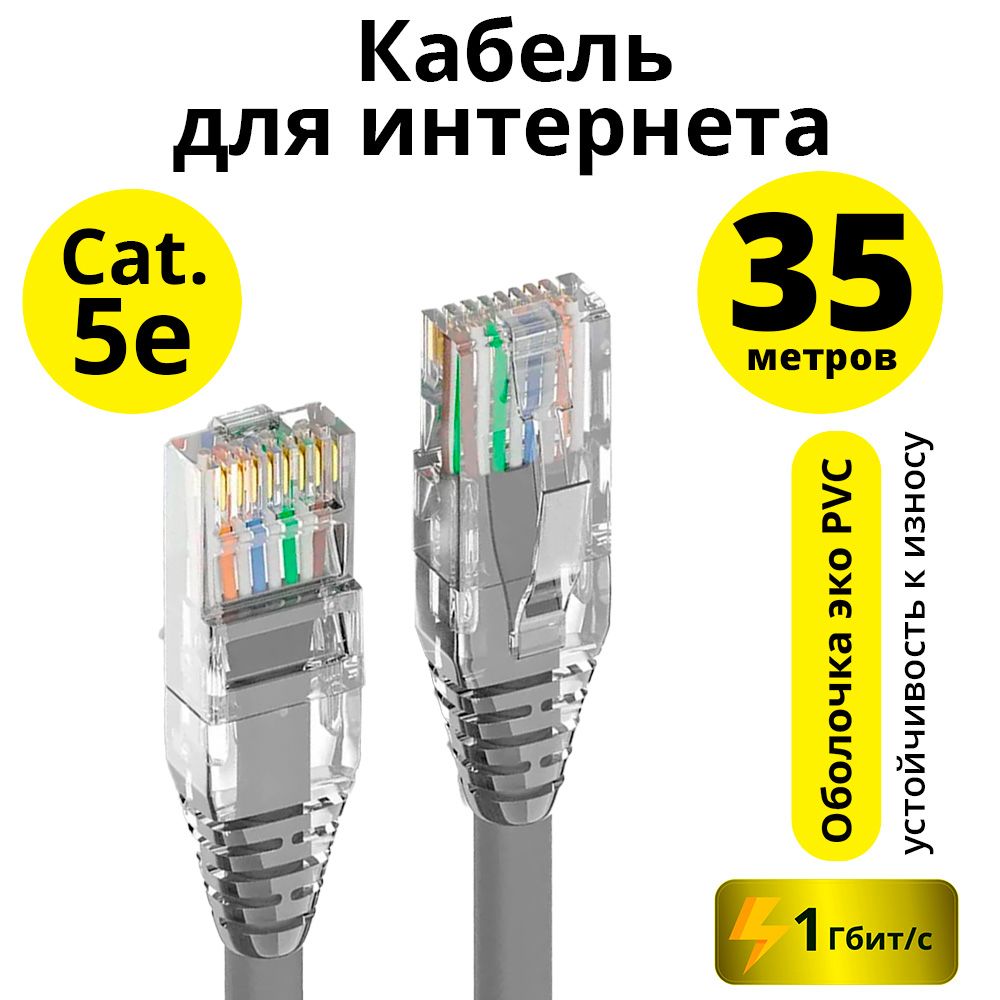 Патч корд кат. 5е 35м ELS сетевой кабель для интернета RJ45 для роутера модема компьютера ноутбука приставки 1гбит/с серый