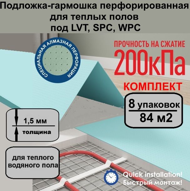 Solid Подложка-гармошка перфорированная для теплых полов 1,5 мм под SPC, WPC, LVT - 8 уп