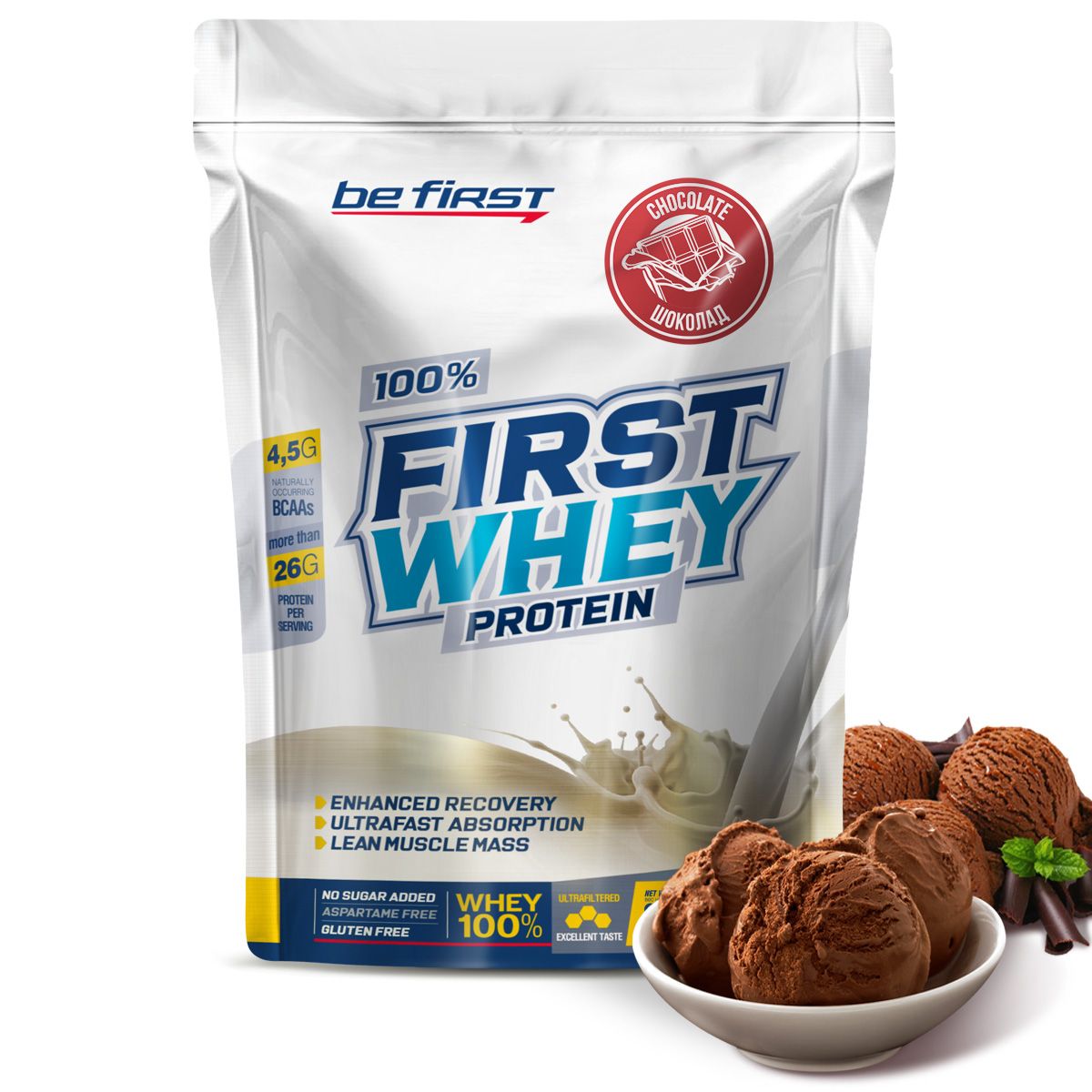 Протеин сывороточный для набора мышечной массы Be First First 100% Whey Protein Instant 900 гр, шоколад