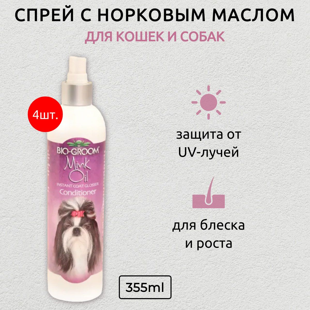 Bio-Groom Mink Oil 1420 мл (4 упаковки по 355 мл) спрей-кондиционер с норковым маслом для блеска и роста шерсти. Био-Грум