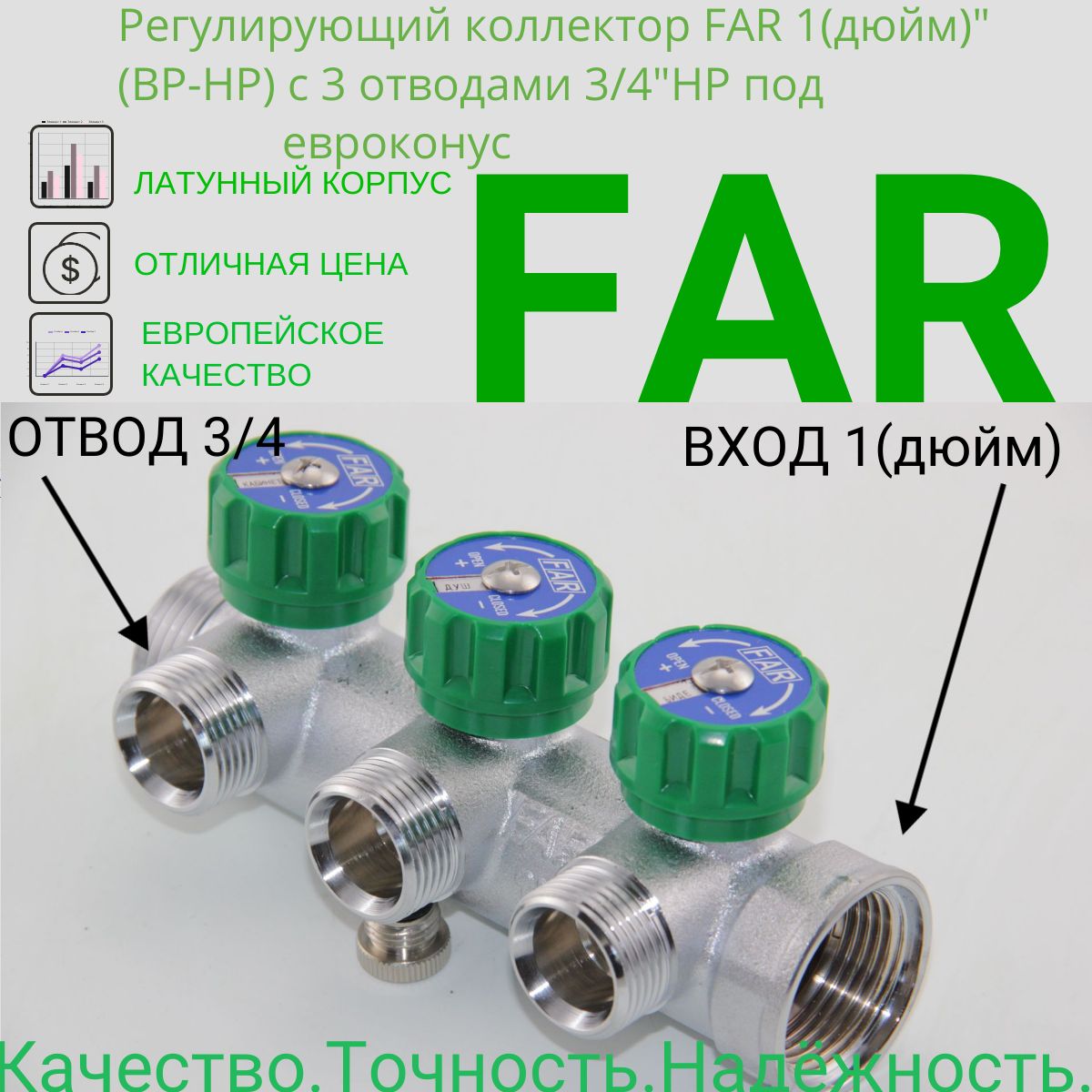 Регулирующий коллектор FAR 1" (ВР-НР) с 3 отводами 3/4"НР под евроконус