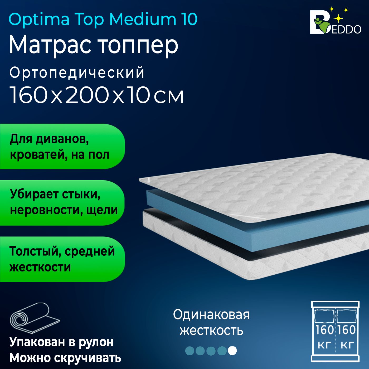 Топперматрас160х200BEDDOSLEEPOptimaTopMedium10см,матраснадиванортопедический,двустороннийсрезинками,врулоне