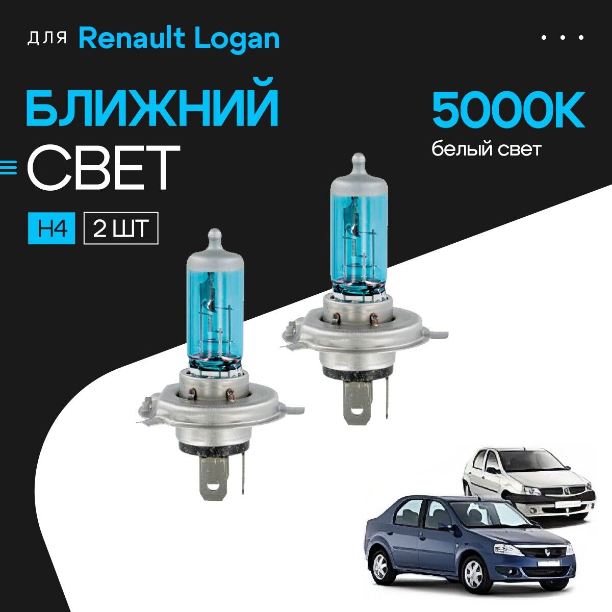 Белыйсвет5000КH4дляRenaultLoganI(LS)дорест.ирест.2004-2015.КомплектгалогеновыхлампвближнийсветдляРеноЛоган