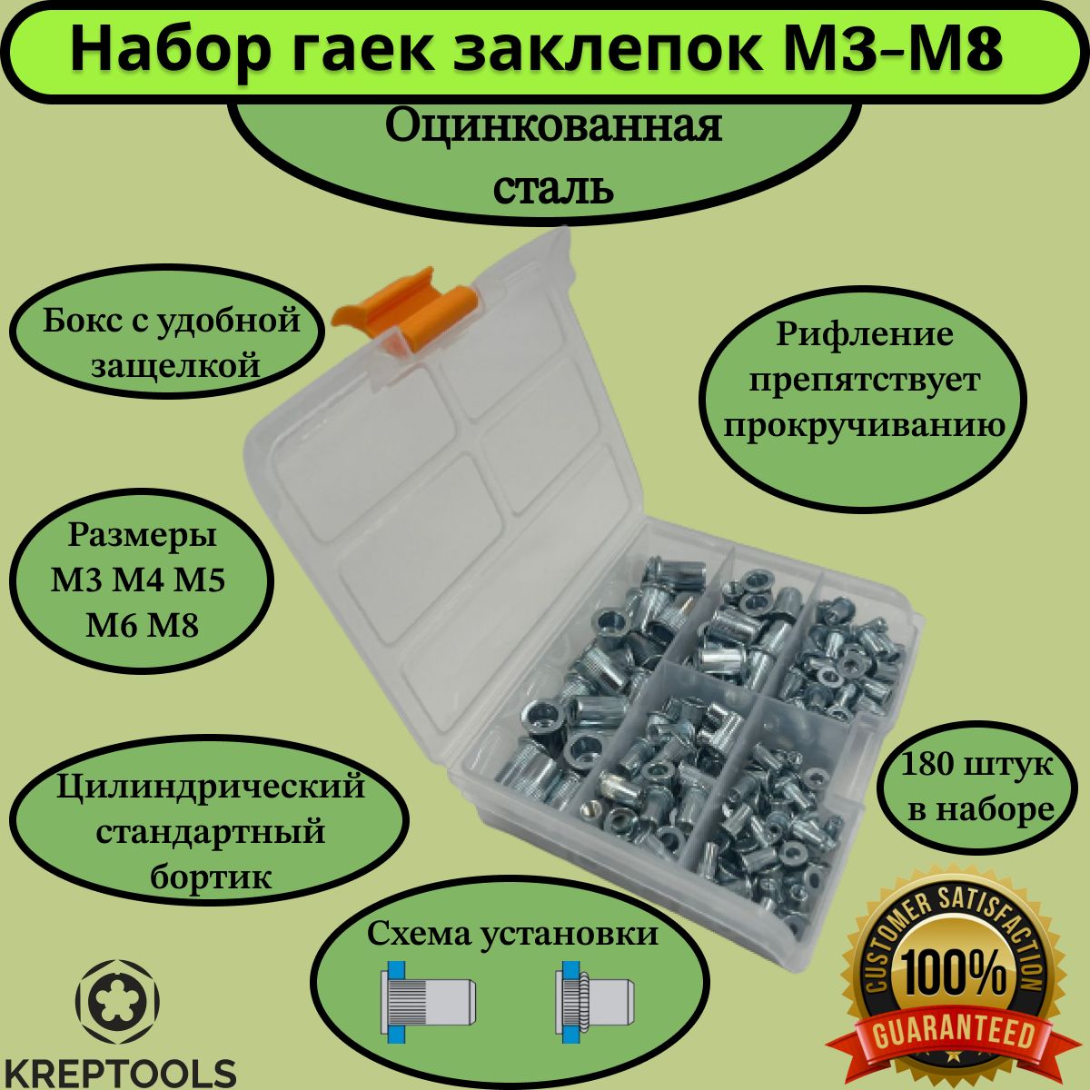 Набор заклепок резьбовых М3-М8 оцинкованная сталь цилиндрический стандартный бортик в боксе 180 штук