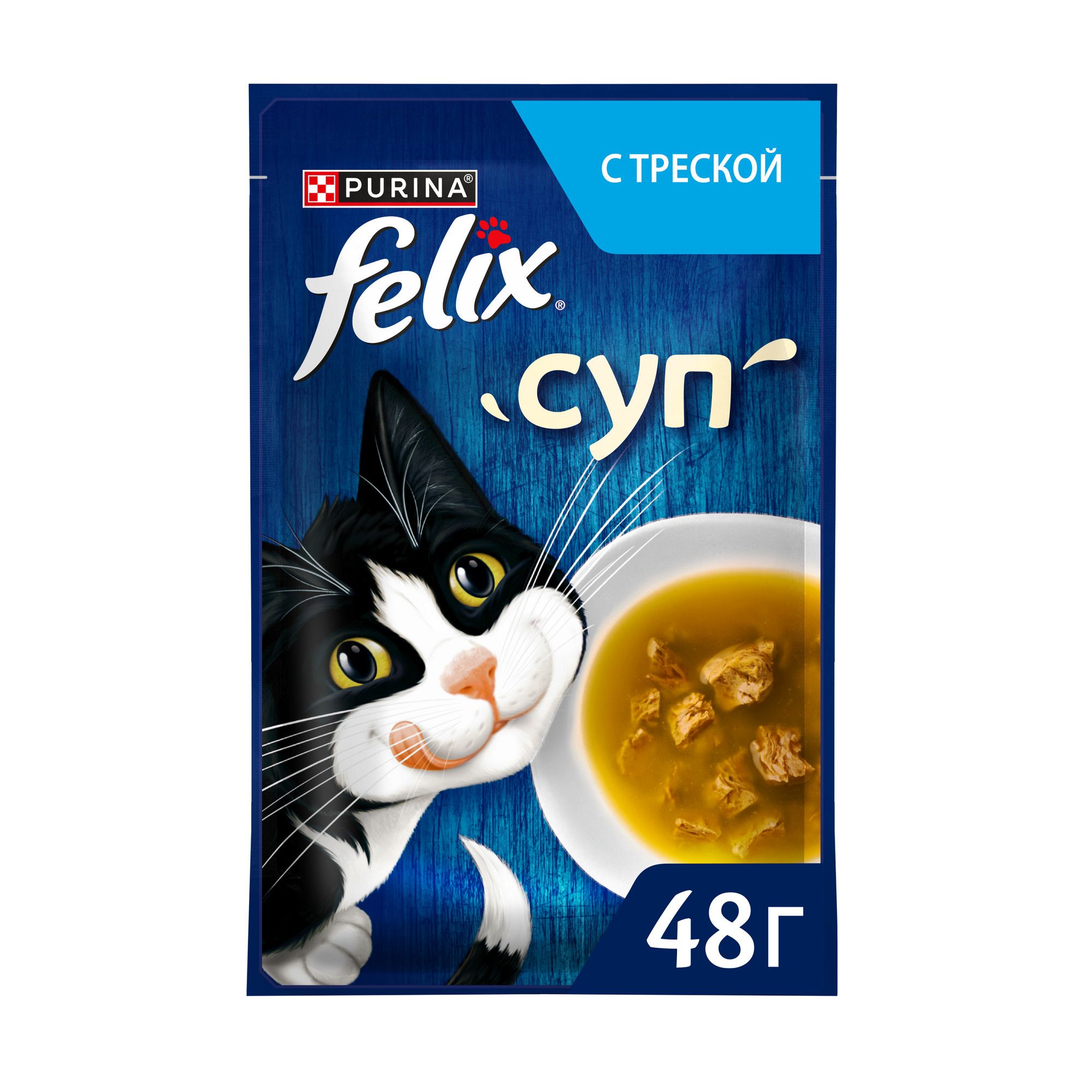 Влажный корм для кошек Felix Adult, крем-суп с треской, 48 г