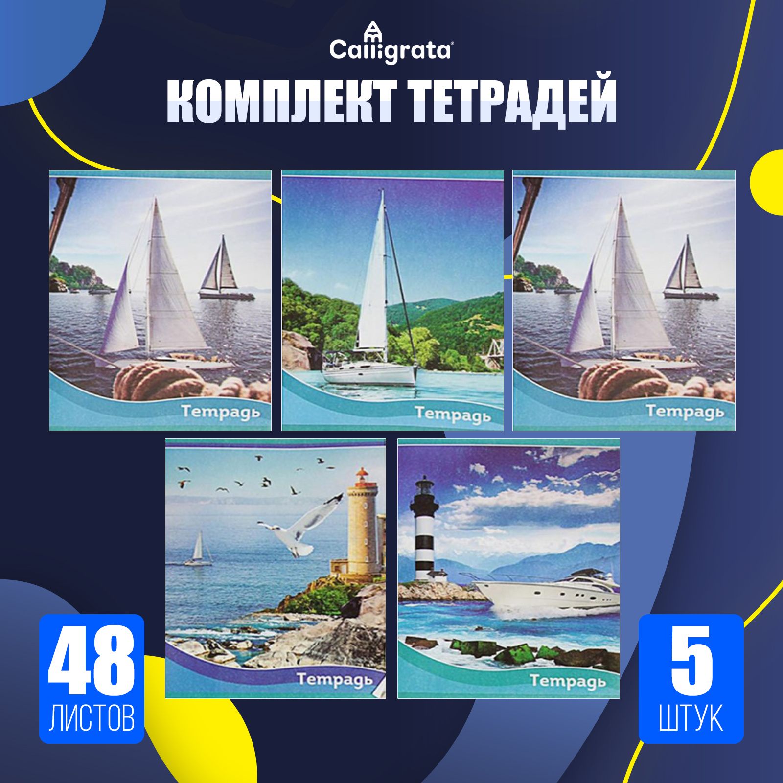 Комплект тетрадей из 5 штук (4 разные + 1 повторяющаяся), 48 листов, клетка, Корабли, обложка мелованная бумага, блок №2, белизна 75% (серые листы)