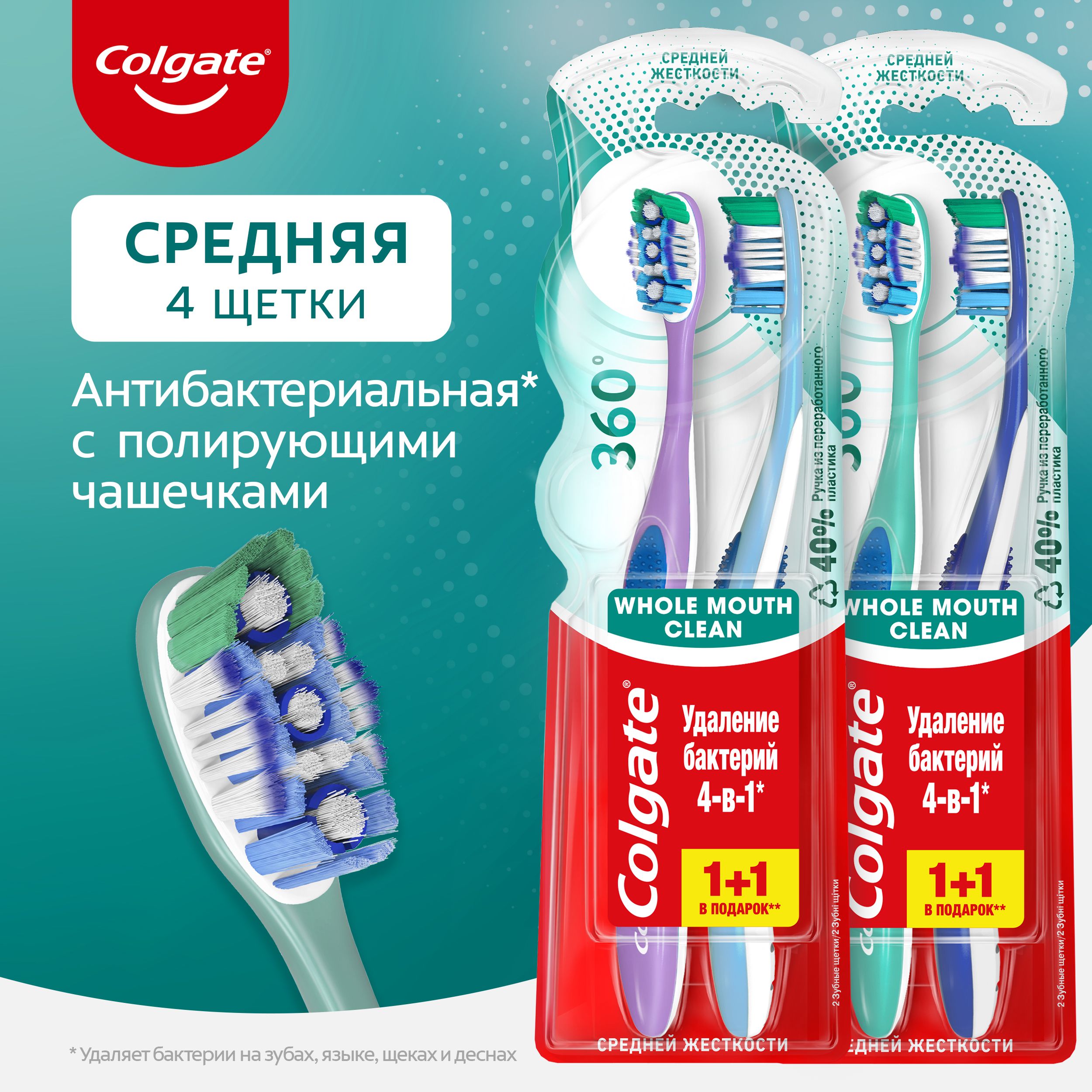 ЗубнаящеткаColgate360Суперчистотавсейполостирта,антибактериальная,среднейжесткости,промоупаковка1+1,2шт