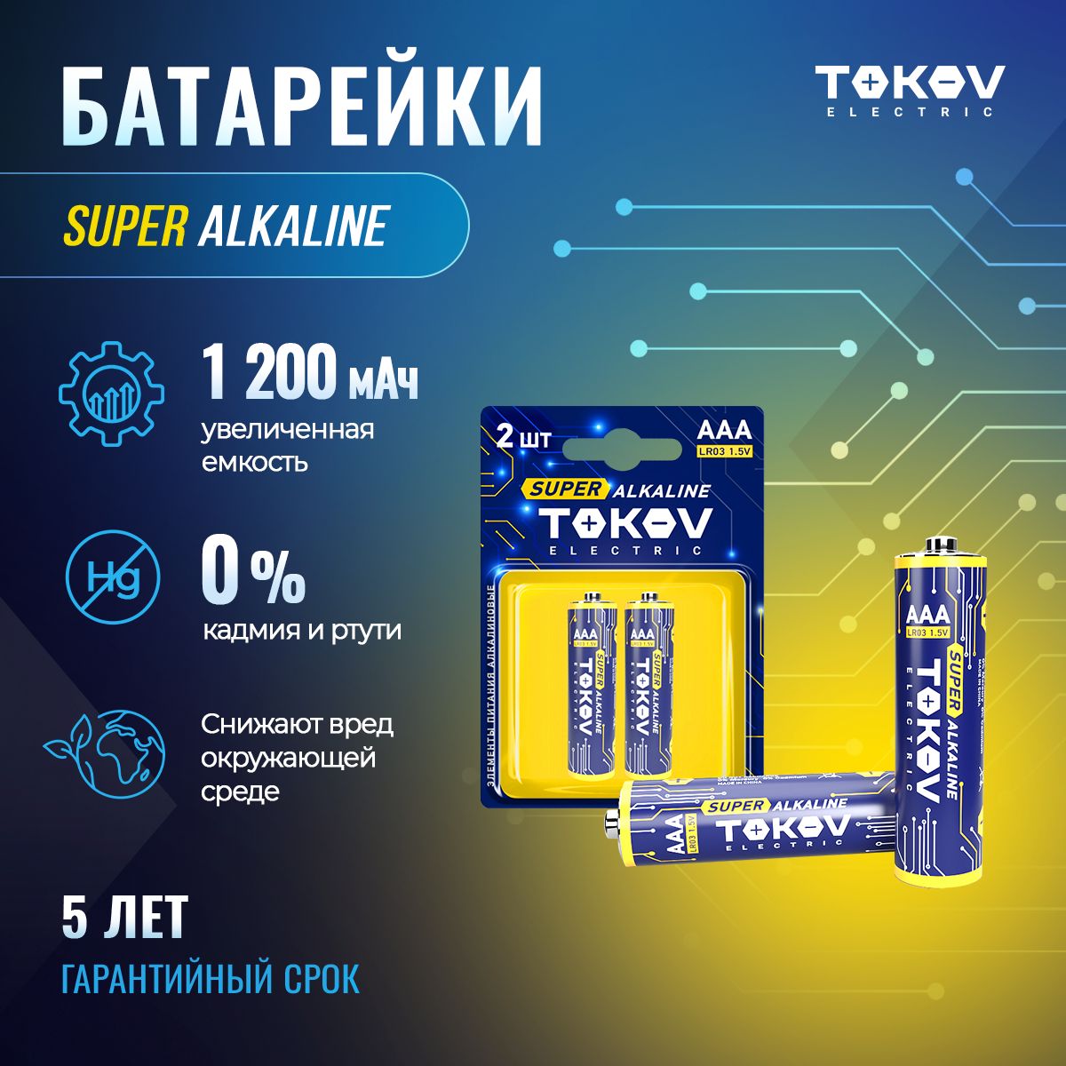 Батарейкищелочные(алкалиновые)мизинчиковые(LR3/AAA)(уп.2шт)TOKOVELECTRIC