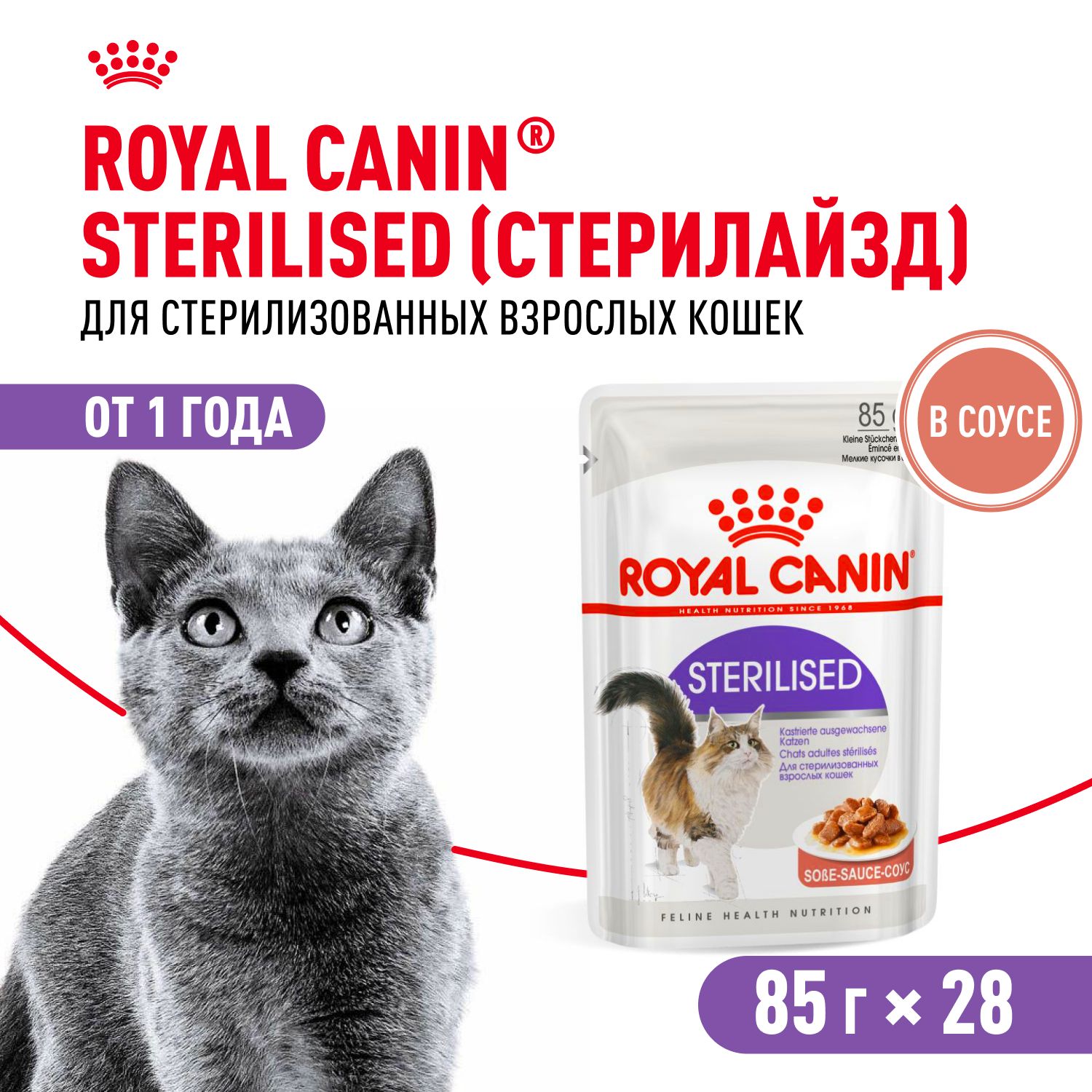 Royal Canin Sterilised Корм консервированный для стерилизованных взрослых кошек, соус, 0.085 г, 28 паучей