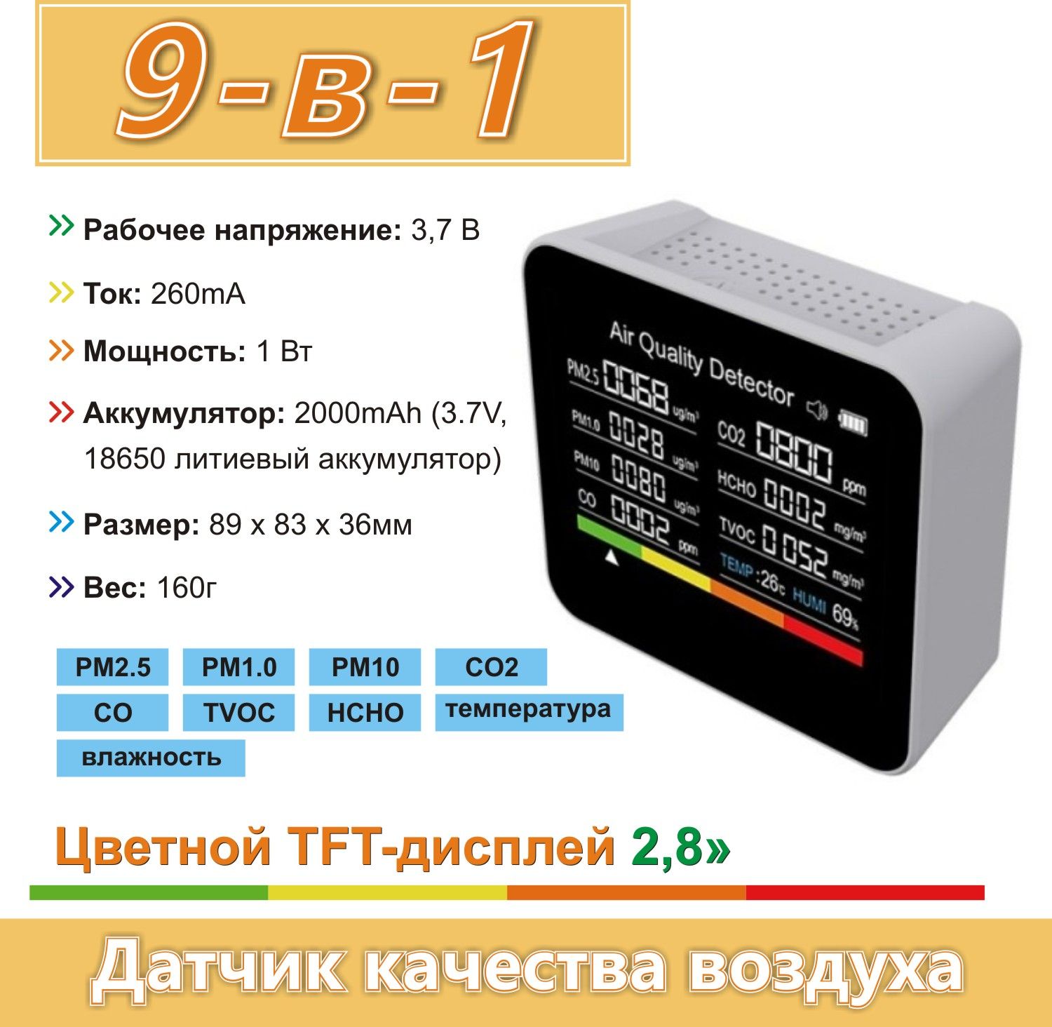 9 в 1 Многофункциональный датчик качества воздуха, который обнаруживает CO, CO2, TVOC, формальдегид, PM2.5