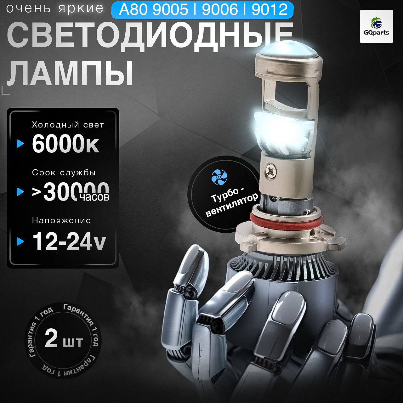 Автомобильные светодиодные лампы, мини линзы LED A80 HB3(9005), HB4(9006), HIr2(9012), 6000К, 2 шт.