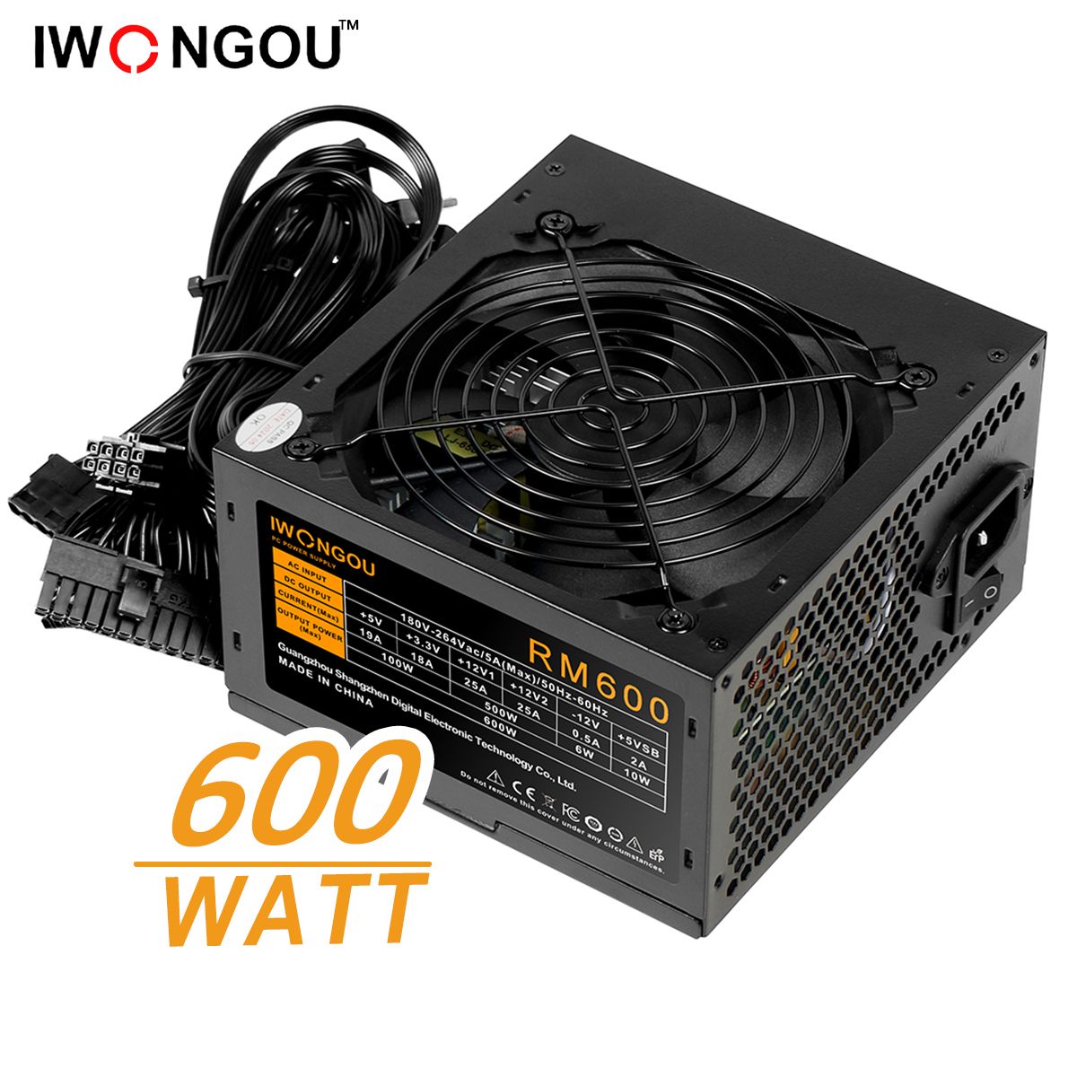 блок питания для пк 600W IWONGOU ATX,12CM кулер ,20+4p,2*CPU(4+4),2*PCI-E(6+2),4*SATA,3*Molex, кабель питания